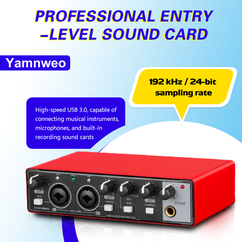 Audio Music Production - YAMNWEO MD21 レッド USBオーディオインターフェースサウンドカード、24ビット/192kHzデュアルチャンネルサウンドカード、コンデンサーマイクとギター用デュアル入力搭載、ライブストリーミング、ポッドキャスティング、音楽制作、ライブパフォーマンスに最適
