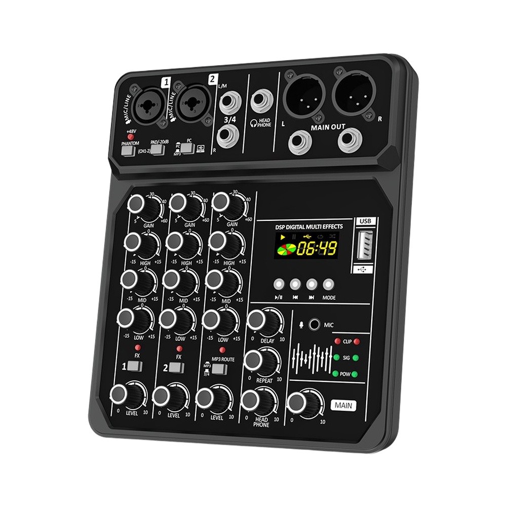 Audio Music Production - ポータブル4チャンネルオーディオミキサー、48V対応、屋外ショーや音楽制作に最適、ブラックABS製